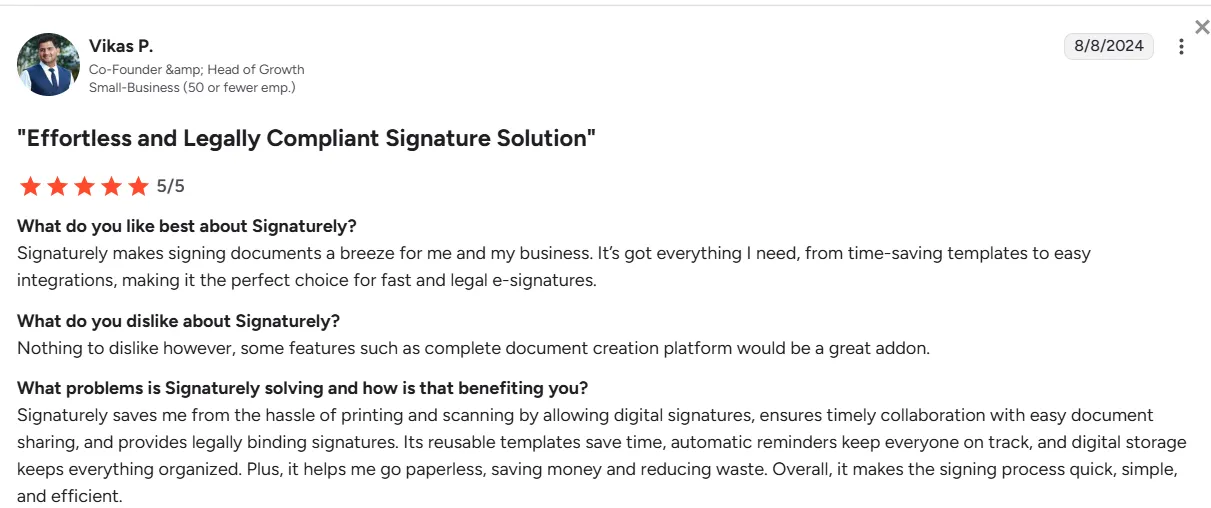 5-star review of Signaturely by a Founder and Head of Growth on G2
