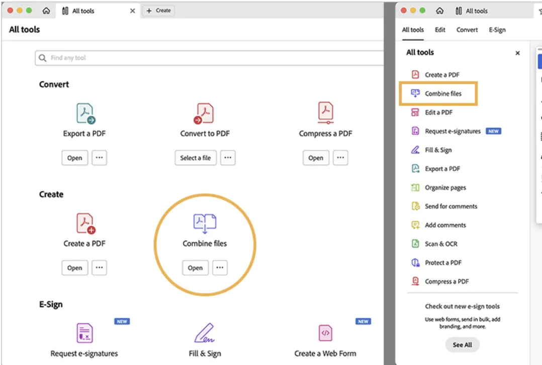 PDF tool menu with Combine files highlighted.