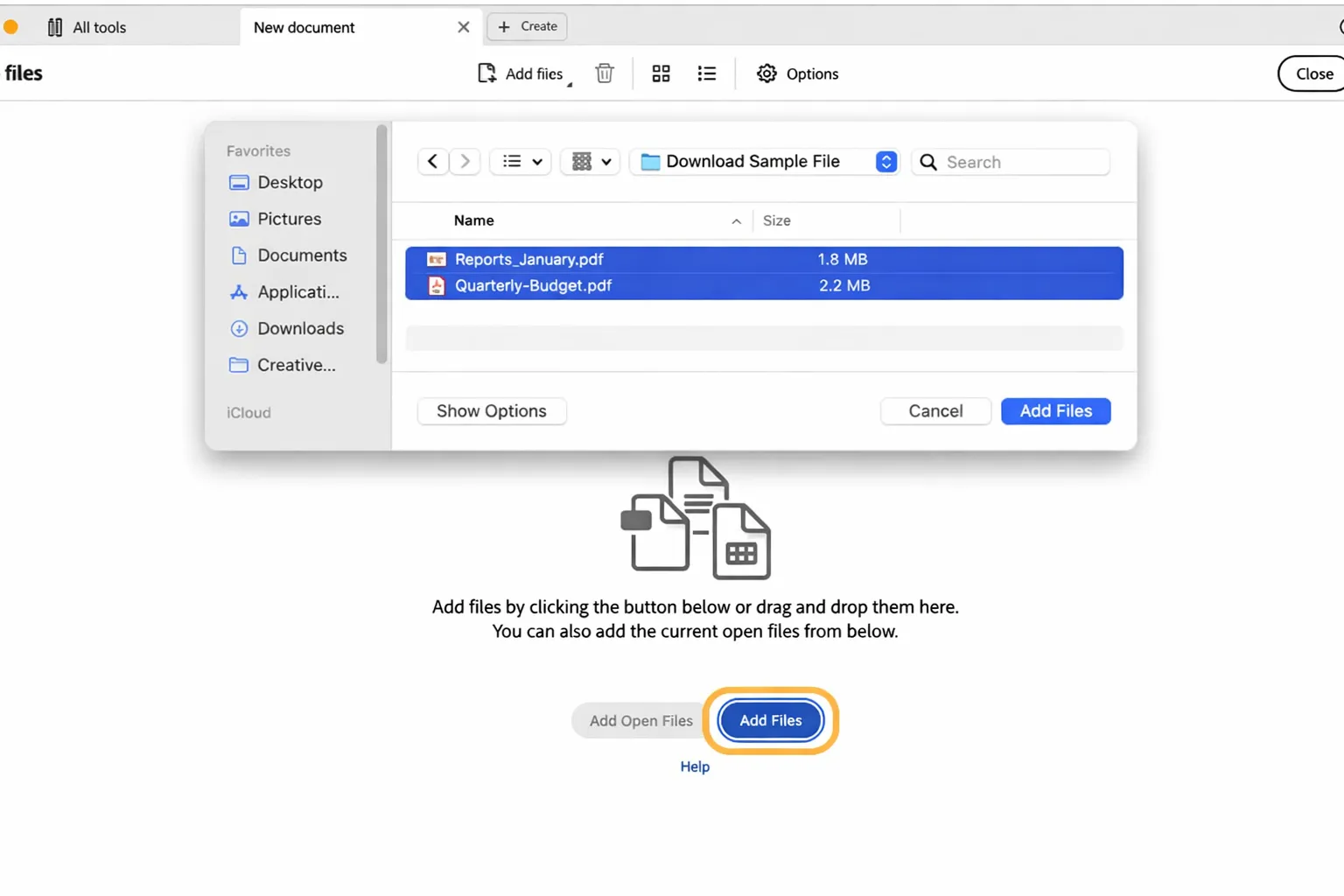 File selection window with two renamed PDFs selected.