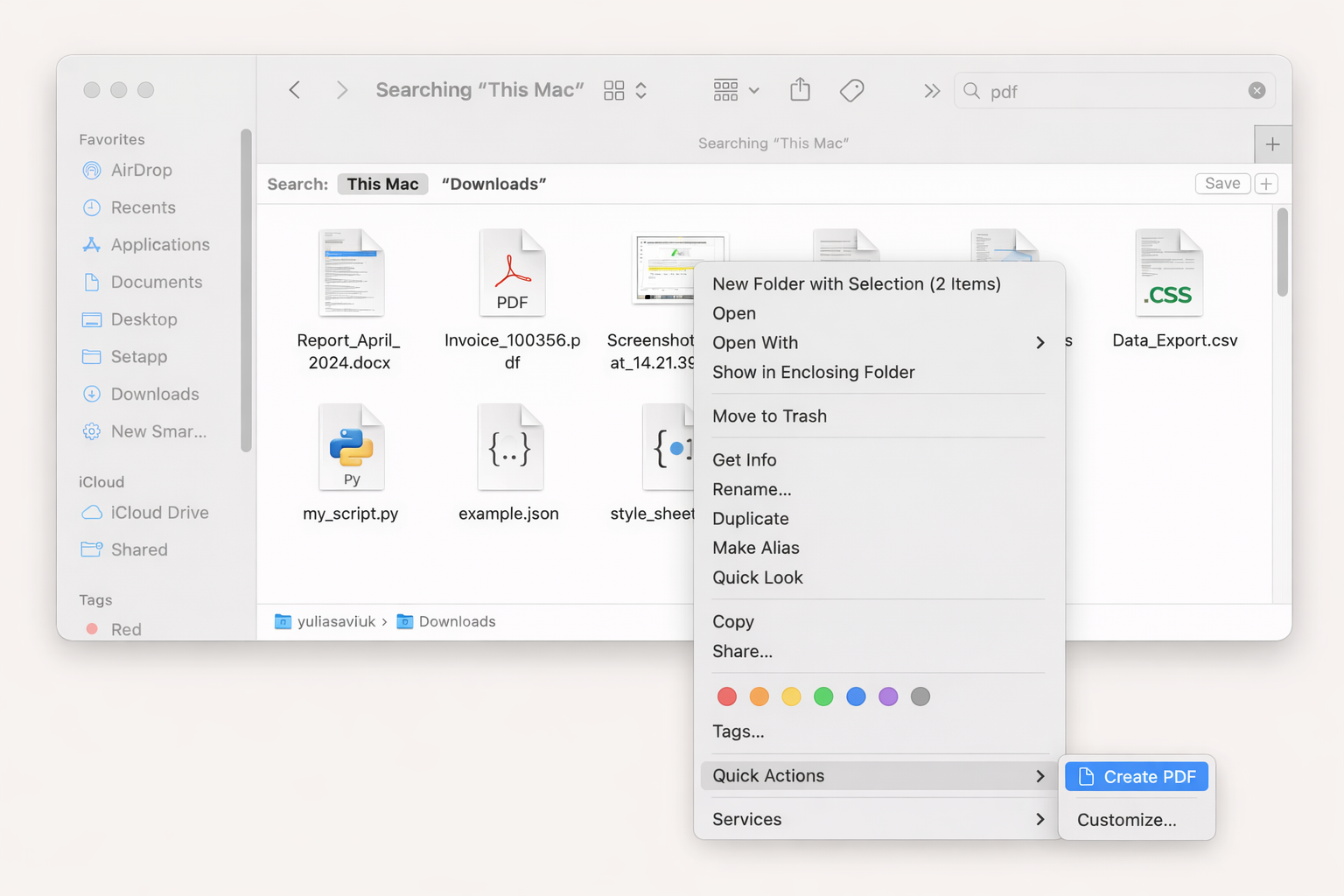 macOS Finder showing files and a context menu.