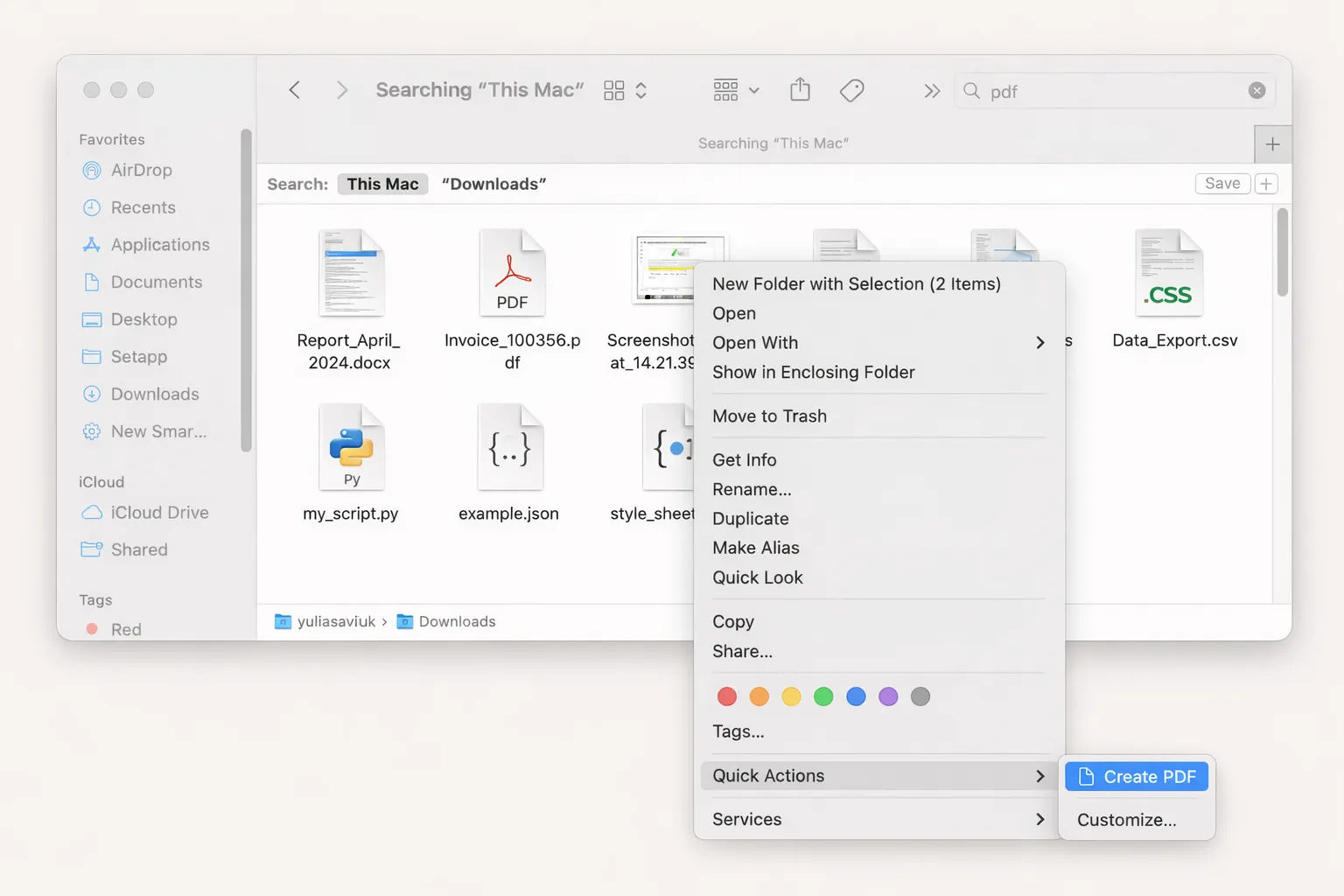 macOS Finder showing files and a context menu.