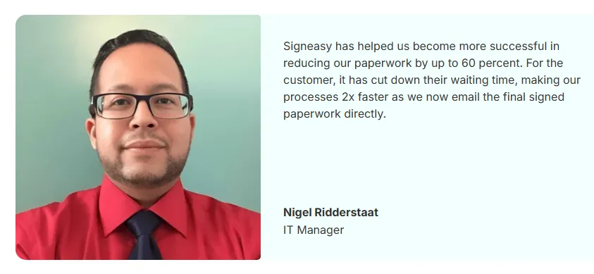 Testimonial image showing Aruba Bank reduced paperwork by 60% and doubled processing speed