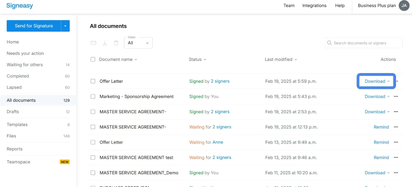 Click Download to save your signed file.