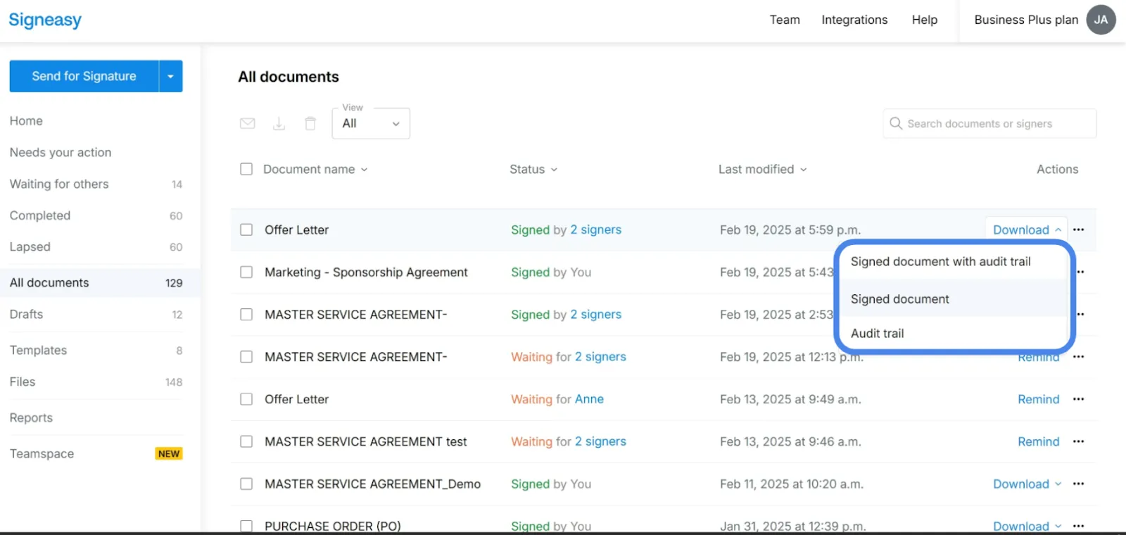 Button to download the signed PDF, with or without the audit trail.