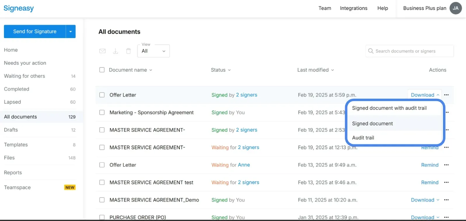 Button to download the signed PDF, with or without the audit trail.
