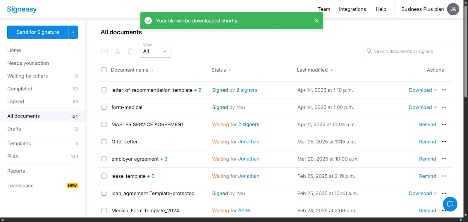 Message confirming the signed PDF was merged and downloaded in Signeasy.