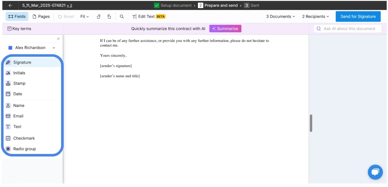 Drag and drop fields to place them in the document 