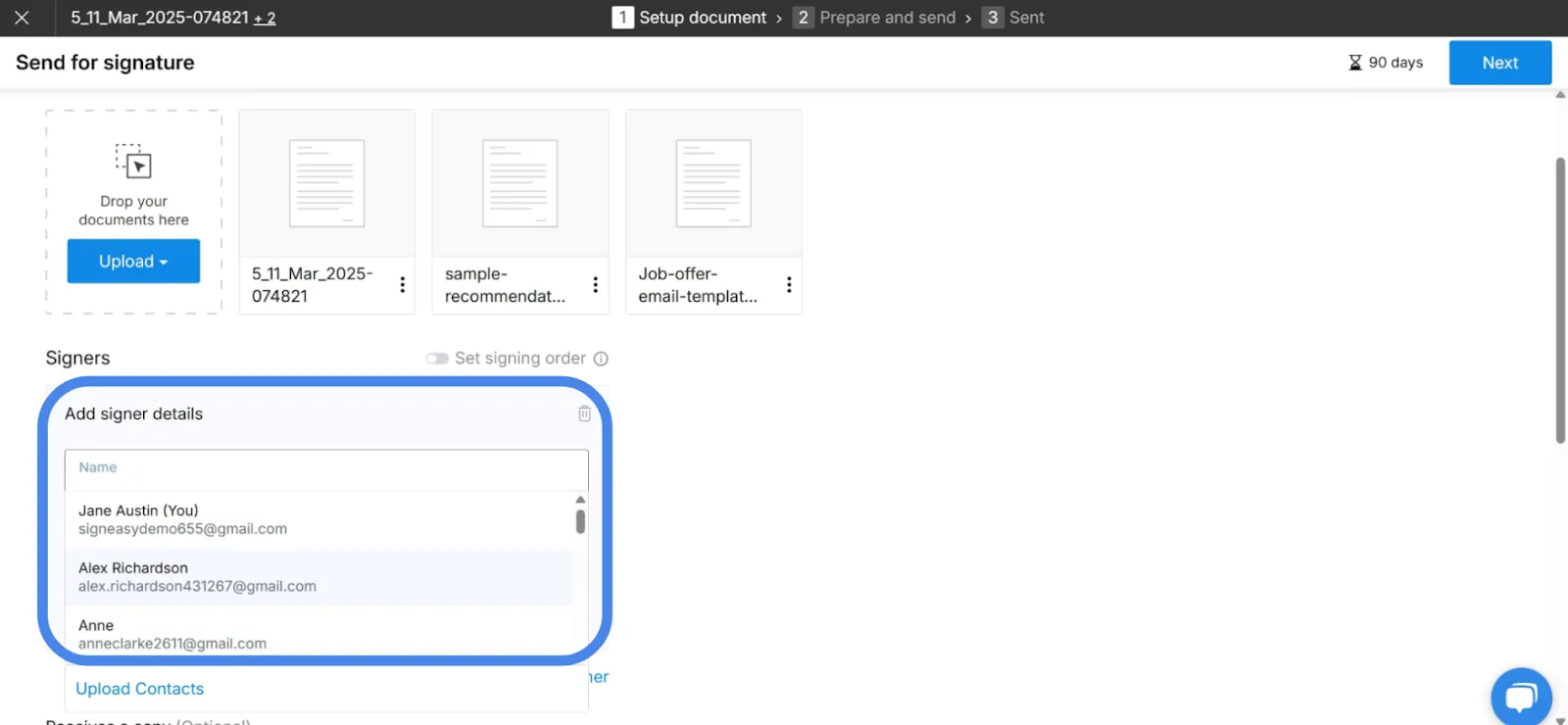 Fields to input signer’s name and email for Signeasy document