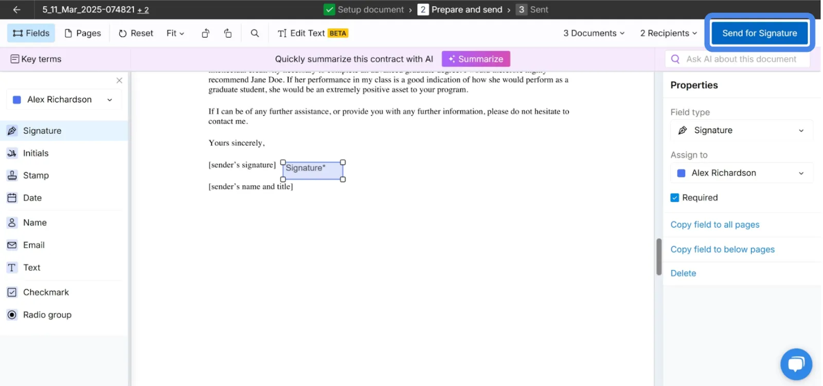 Button to send the document for digital signature in Signeasy