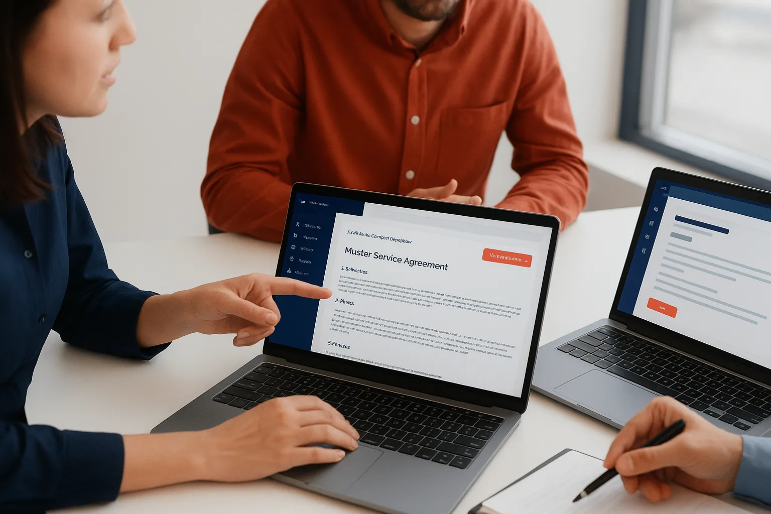 Professionals review a contract on a laptop during a demo
