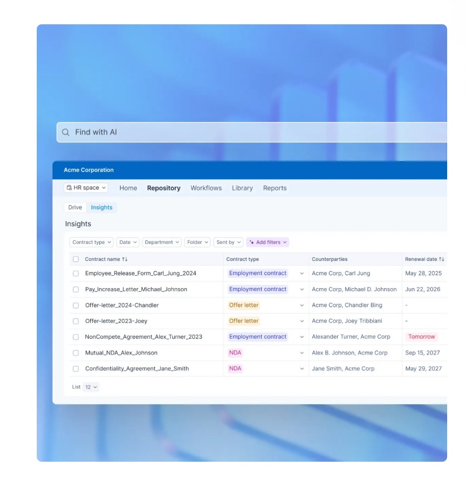 Contract repository showing document types, counterparties, and renewal dates