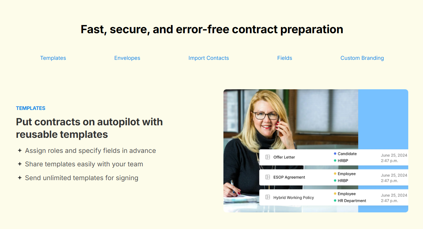 Signeasy contract preparation interface showing reusable templates, assigned roles, and pre-filled fields for creating offer letters and HR agreements.