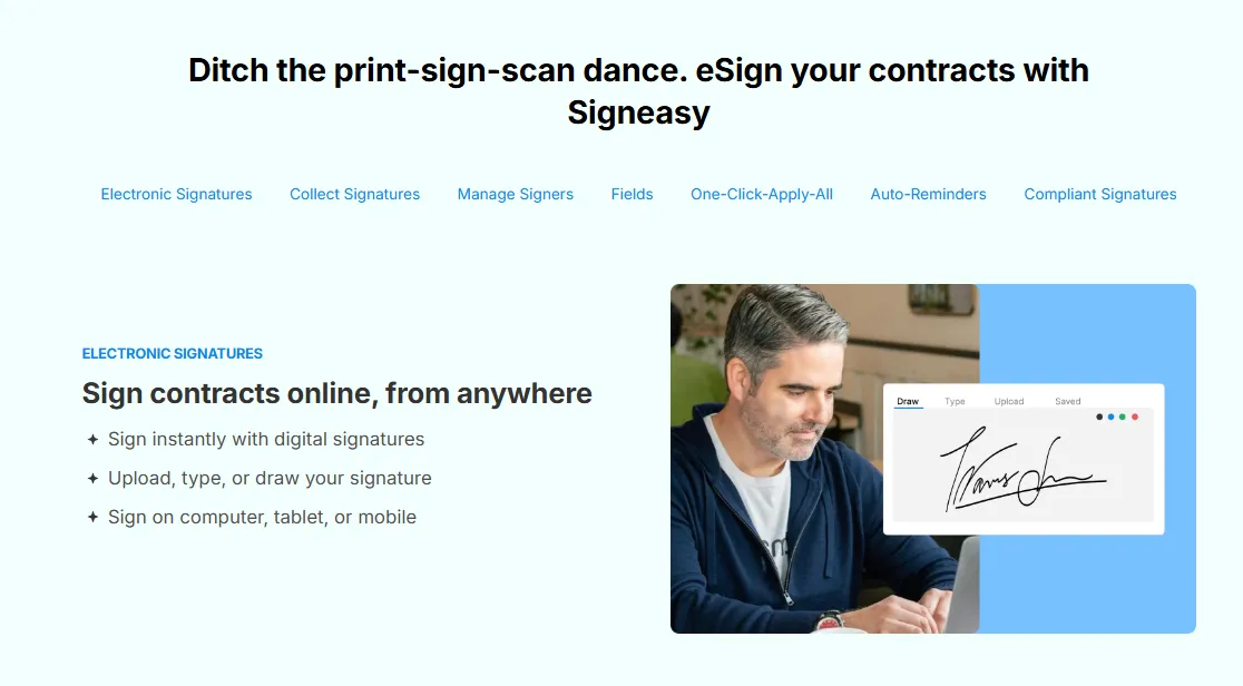 Signeasy electronic signature interface showing a user signing a document digitally with options to draw, type, or upload a signature on screen.