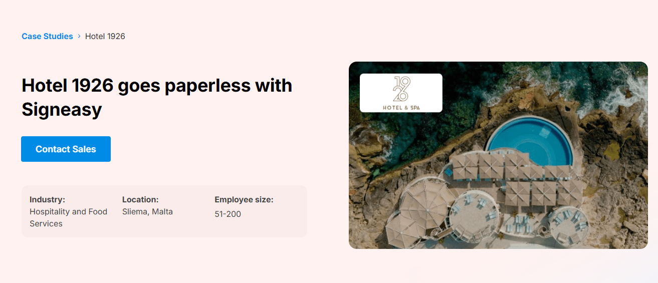 Signeasy case study page titled “Hotel 1926 goes paperless with Signeasy” with an aerial image of Hotel 1926 and Spa in Sliema, Malta, plus industry, location, and employee size details.