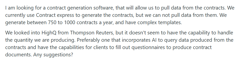 Reddit post seeking contract software for 750-1,000 annual contracts
