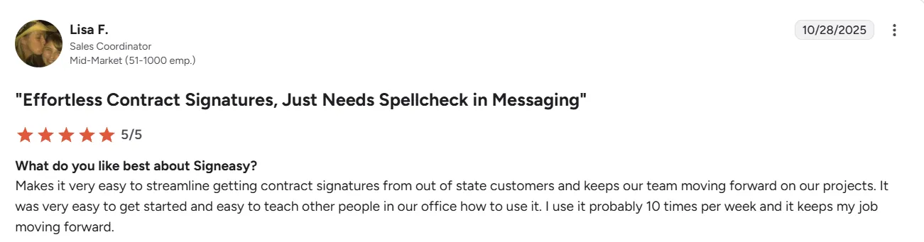 Five-star user review noting how easily documents can be transferred to team members.