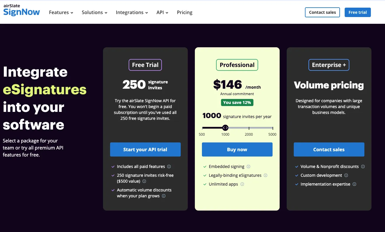 Screenshot of SignNow’s API pricing page