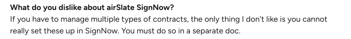 Screenshot of a user review complaining that SignNow does not allow multiple contract types to be set up directly and requires separate documents
