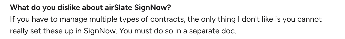 Screenshot of a user review complaining that SignNow does not allow multiple contract types to be set up directly and requires separate documents
