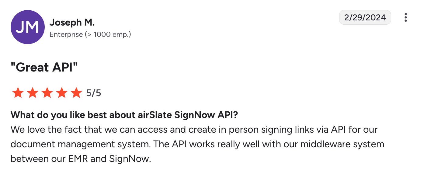 Screenshot of a G2 user review complementing SignNow API’s in-person signing links.