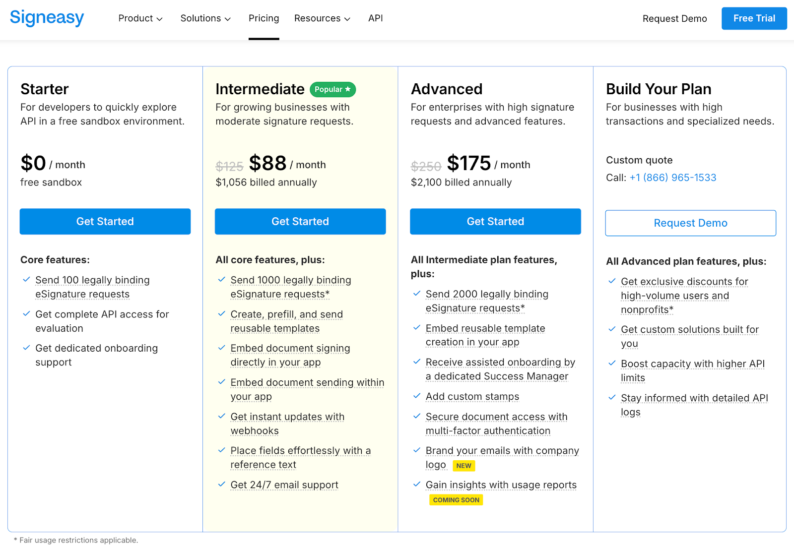 Signeasy API pricing chart with Starter, Intermediate, Advanced, and Build Your Plan options