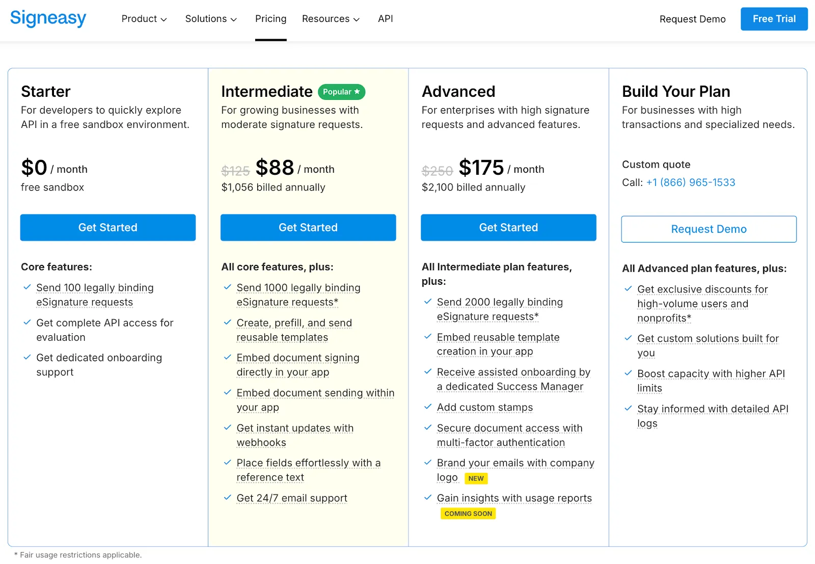 Signeasy API pricing chart with Starter, Intermediate, Advanced, and Build Your Plan options