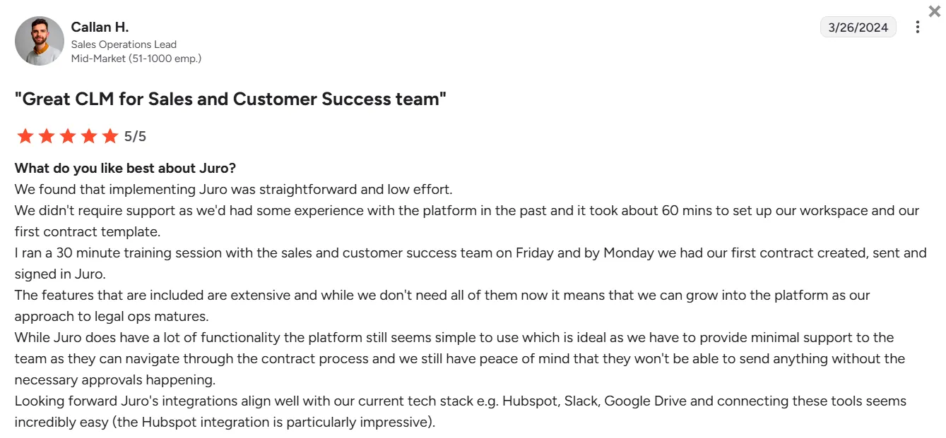 Screenshot of a G2 review about Juro’s quick onboarding and training