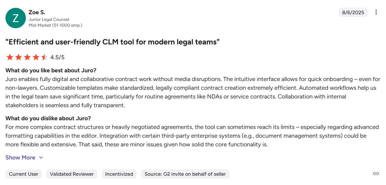 Screenshot of a G2 review about Juro’s intuitive interface
