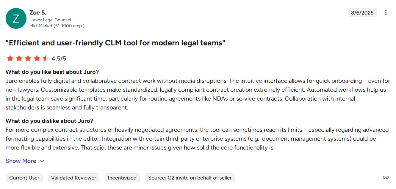 Screenshot of a G2 review about Juro’s intuitive interface