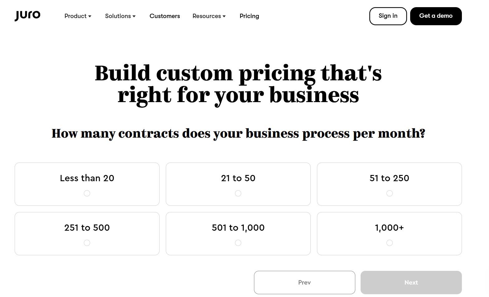 Screenshot of Juro’s pricing page based on your number of contracts