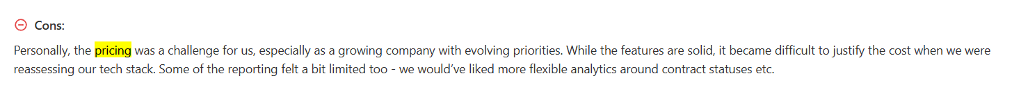 Screenshot of a Capterra review talking about Juro pricing