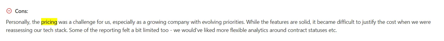 Screenshot of a Capterra review talking about Juro pricing
