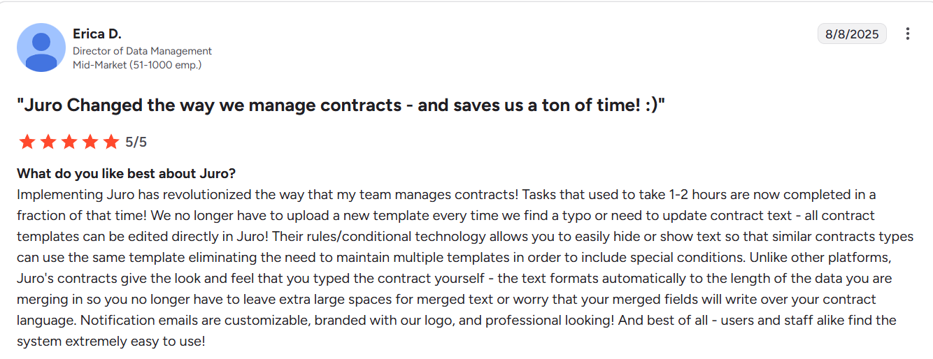 Screenshot of a G2 review stating that Juro is incredibly easy to use