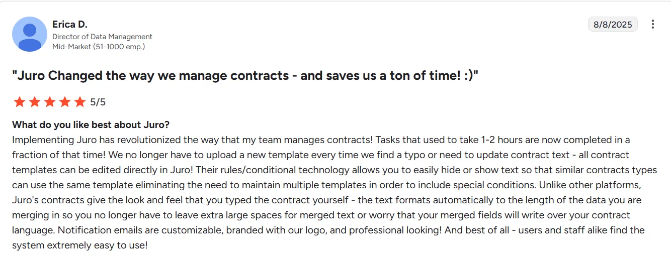 Screenshot of a G2 review stating that Juro is incredibly easy to use