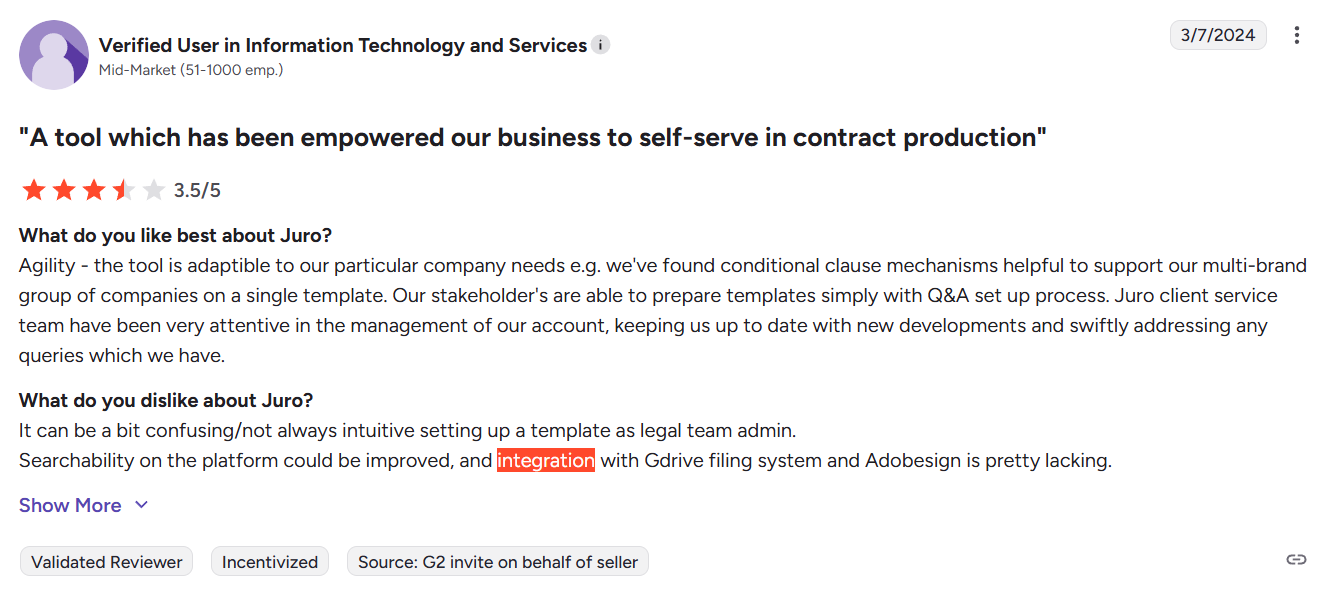 Screenshot of a G2 review mentioning difficulty integrating Juro with some tools and systems