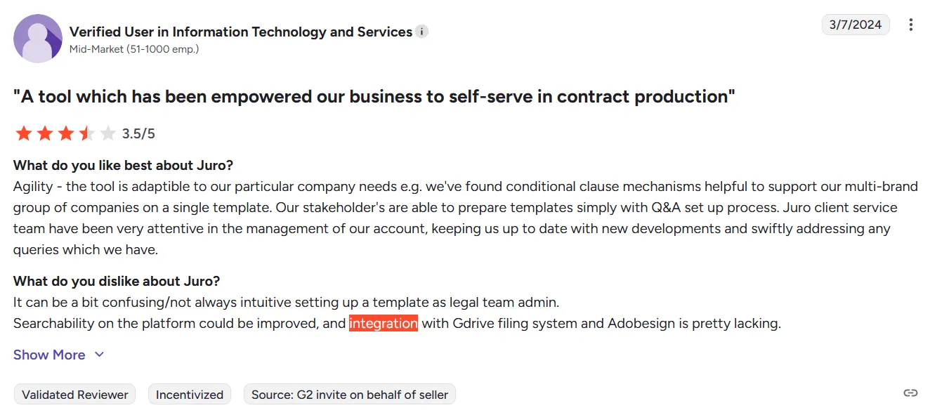 Screenshot of a G2 review mentioning difficulty integrating Juro with some tools and systems
