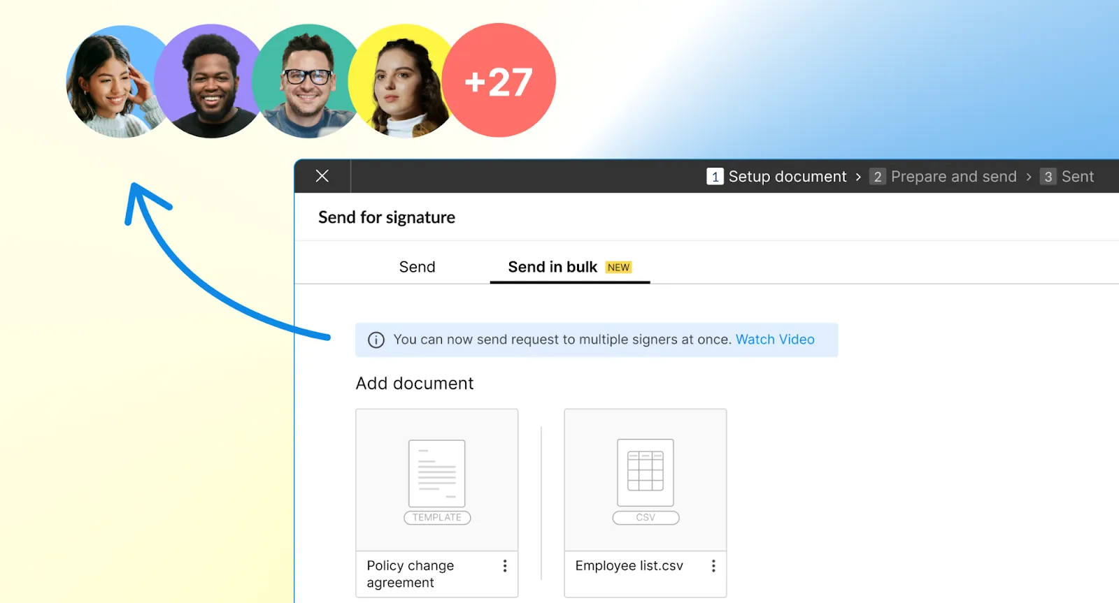Signeasy bulk send interface showing multiple document requests being sent to a list of signers