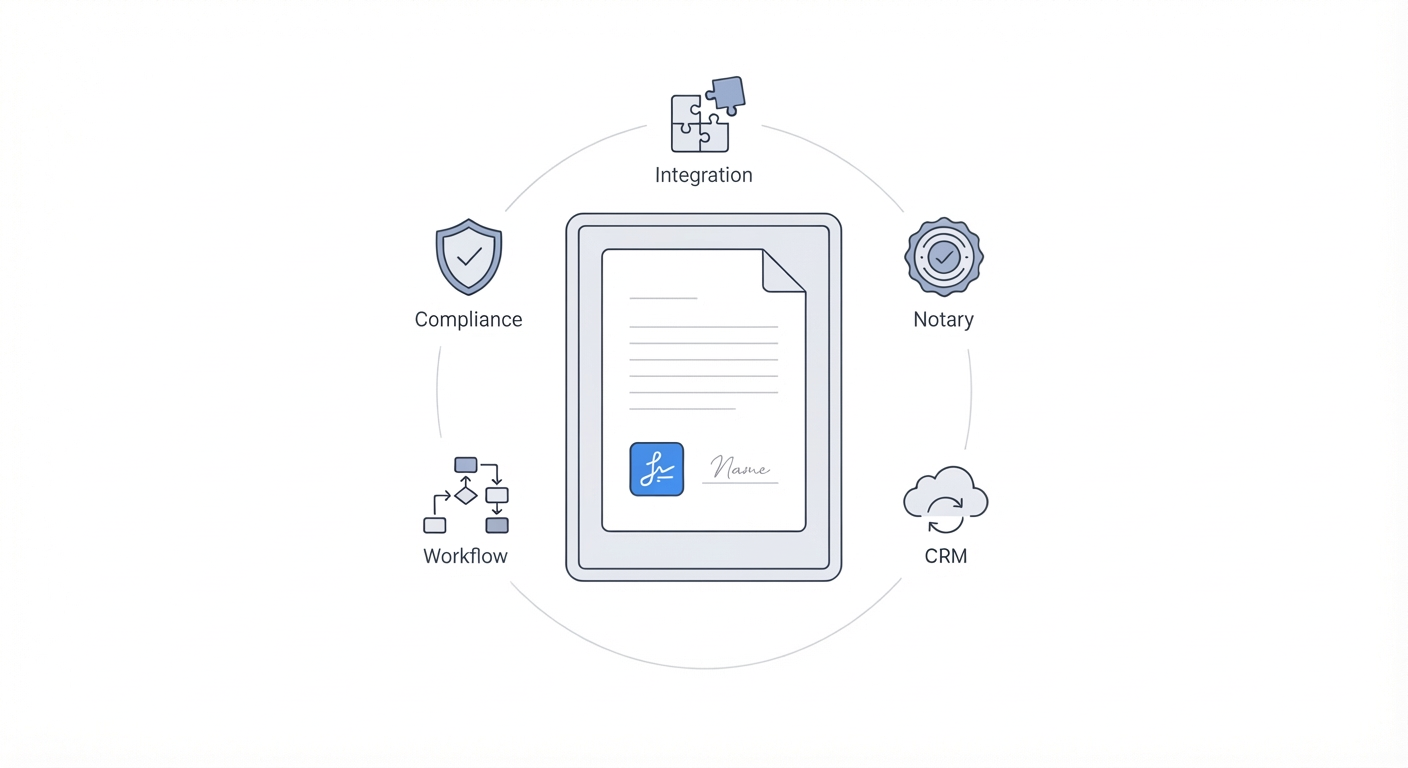 Illustration showing a document surrounded by integration, compliance, workflow, notary, and CRM features