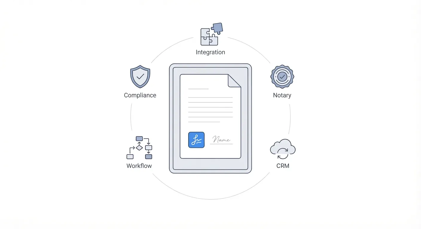 Illustration showing a document surrounded by integration, compliance, workflow, notary, and CRM features