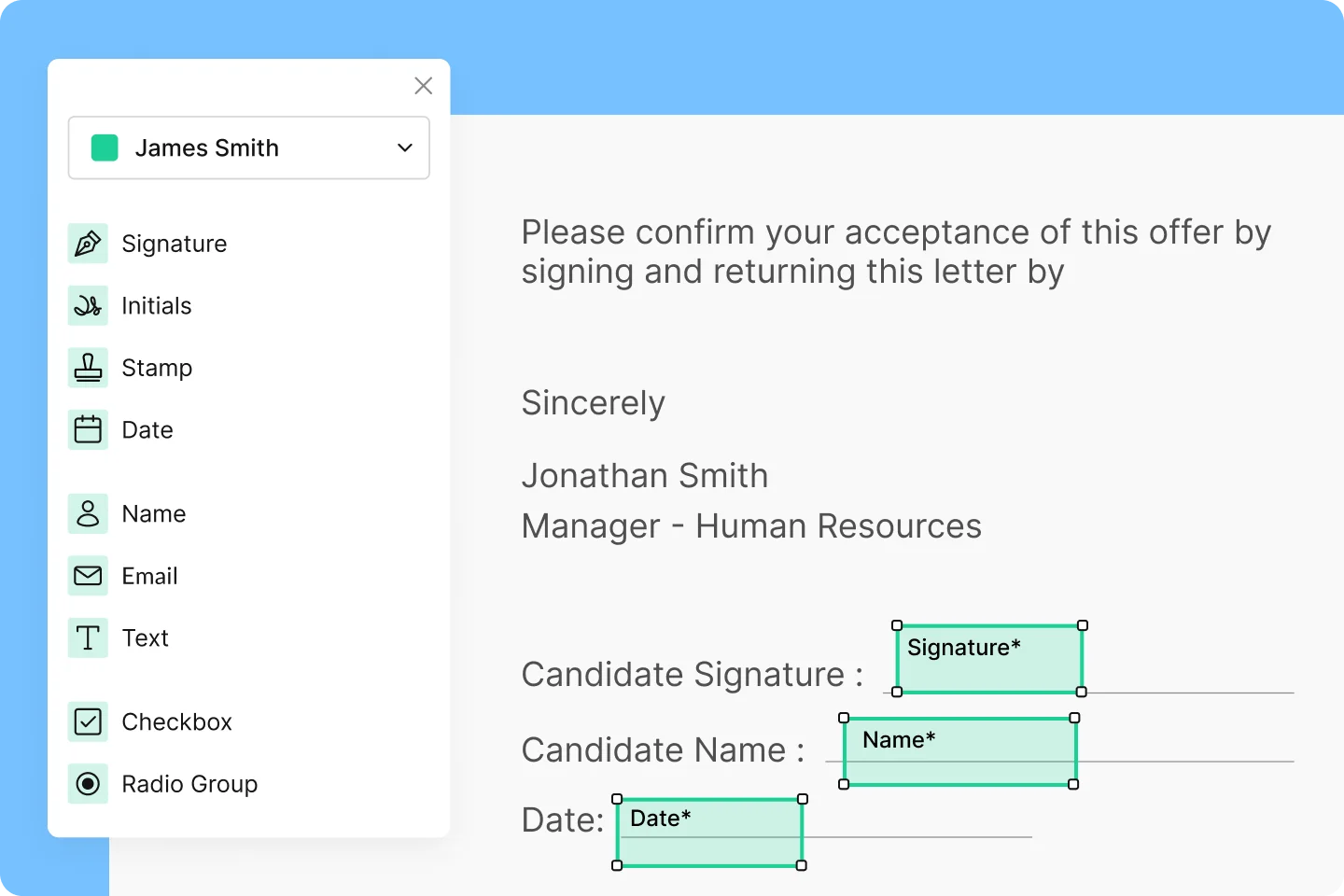 Signeasy document editor showing field options, including signature, initials, stamp, and date