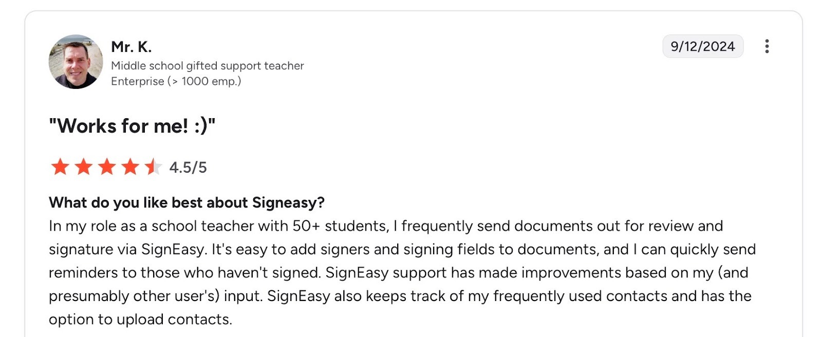Customer review showing a 4.5-star rating for Signeasy