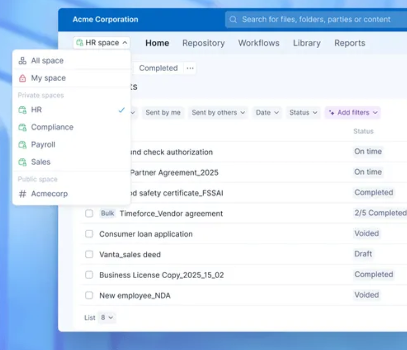 Signeasy Spaces interface showing HR, Compliance, Payroll, and Sales workspaces with contract status tracking