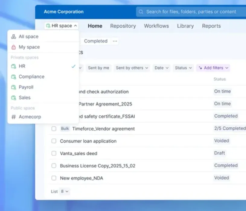Signeasy Spaces interface showing HR, Compliance, Payroll, and Sales workspaces with contract status tracking