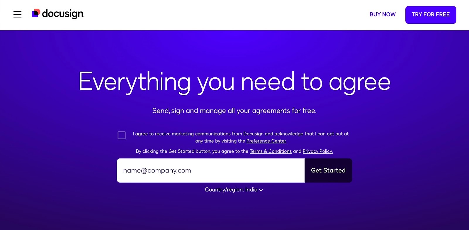 Docusign website showing free trial sign-up screen.
