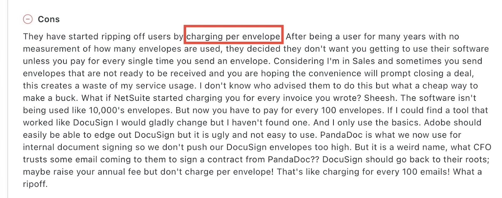 User complaint about Docusign charging per envelope