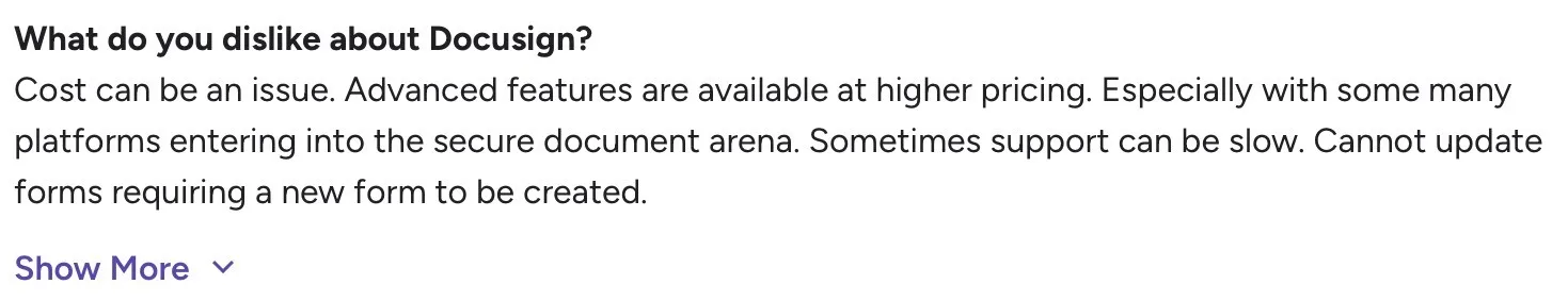 Docusign review mentioning high cost, gated features, and support delays.