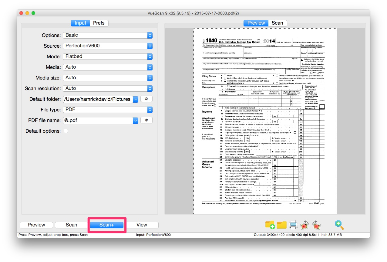 Preview app interface showing the file type selection as PDF and scan settings for a document scan