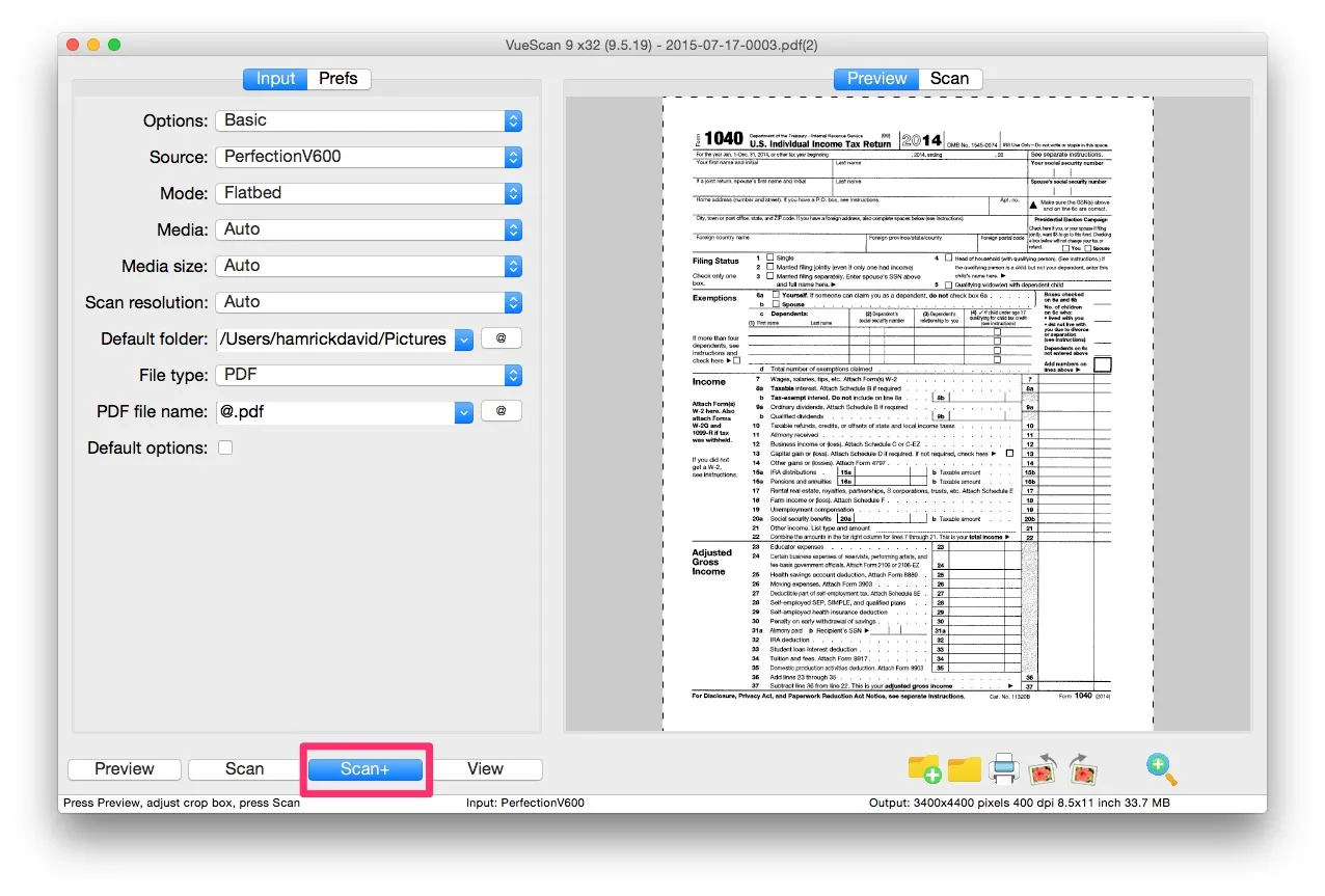 Preview app interface showing the file type selection as PDF and scan settings for a document scan