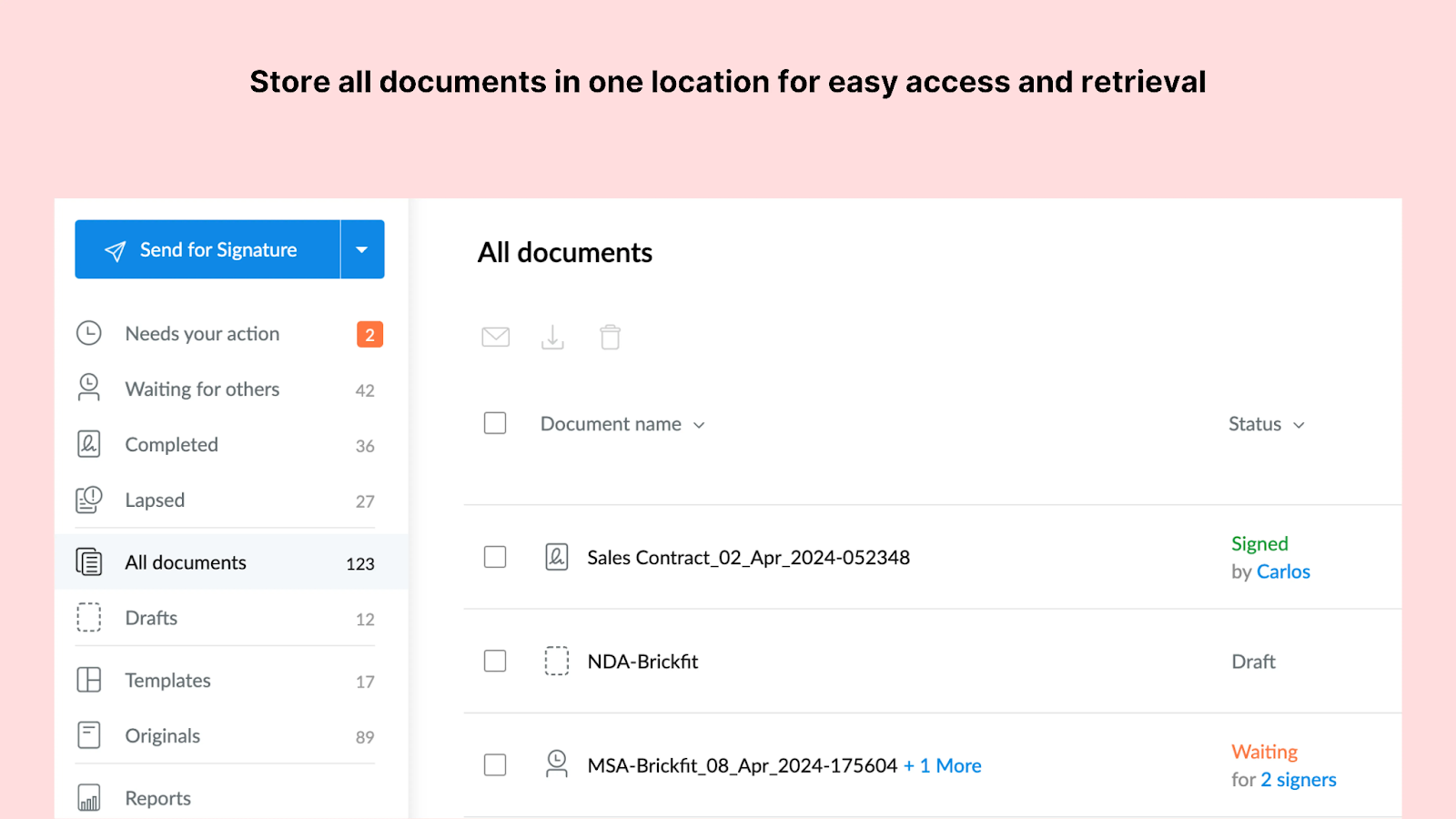 A screenshot showing all documents along with their status with Signeasy