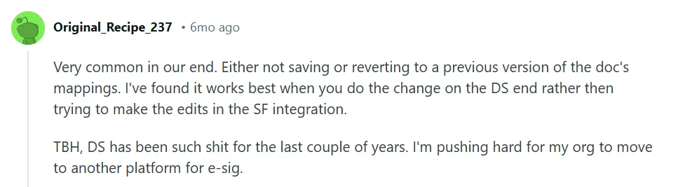 Salesforce subreddit comment describing common Docusign integration issues